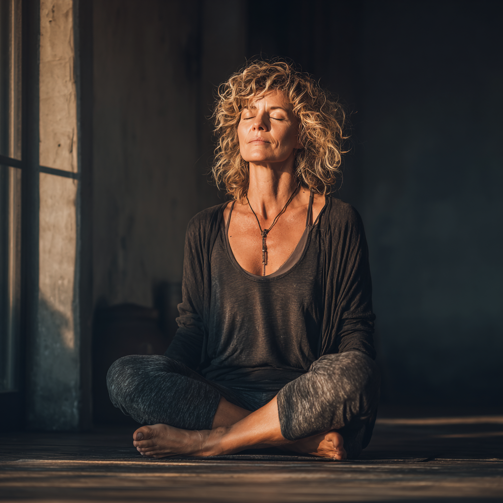 Peaceful middle-aged woman in her late 40s practicing yoga in meditation pose, sitting cross-legged on a mat in a serene studio setting with natural lighting, wearing comfortable yoga attire, representing mindfulness and inner peace